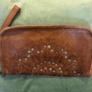 Brown Embossed Leather Wristlet Clutch with Stud Accents